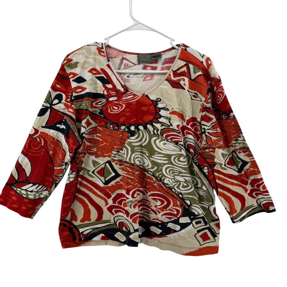Additions by Chicos V Neck 3/4 Sleeve Red Black Cream Abstract Print Top‎ Size 3